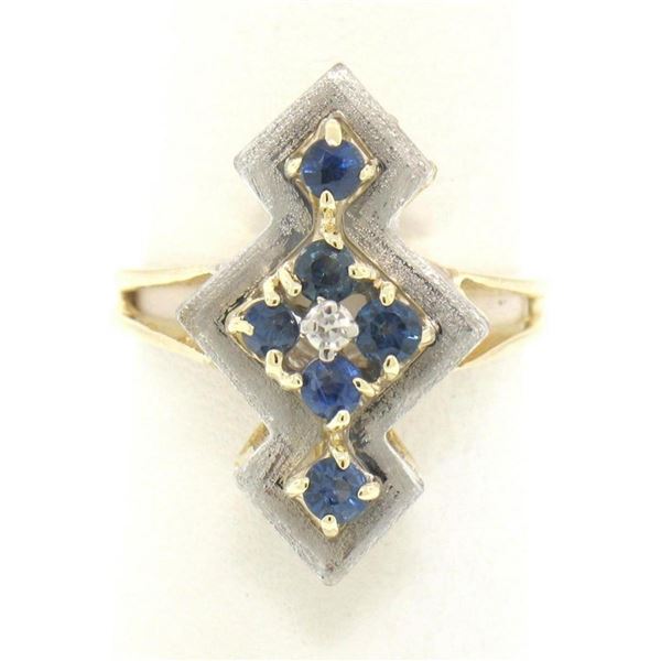 Vintage 14k Two Tone Gold .73 ctw Sapphire Diamond Unique Elongated Cocktail Rin
