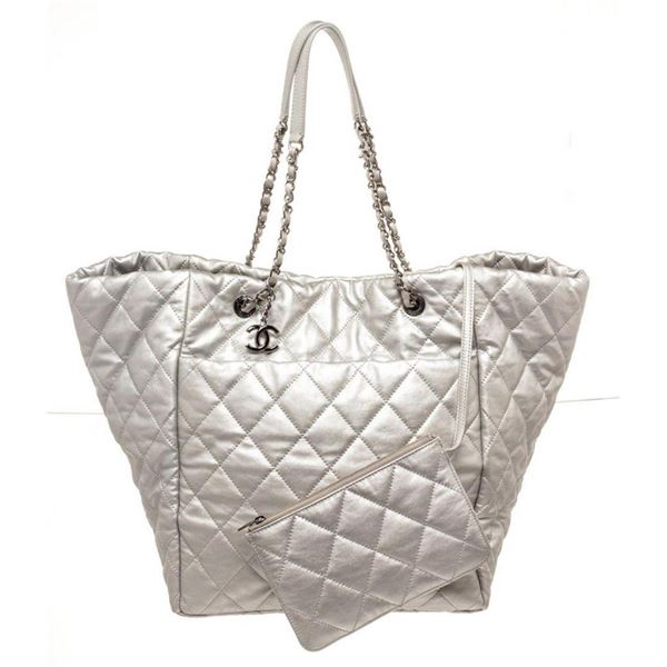 Chanel Sliver Leather Metallic Calfskin Shopper Tote Bag