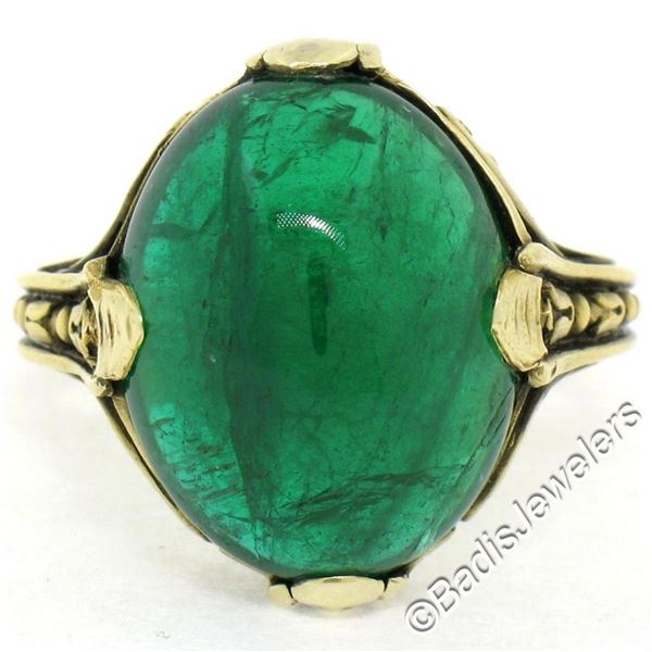 14K Yellow Gold 10.03 ctw GIA Oval Cabochon VERY Fine Green Emerald Ring