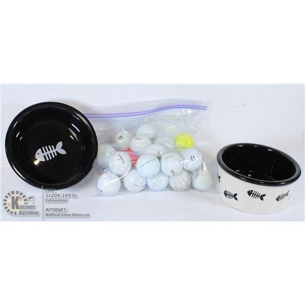 CAT BOWLS X 2 & GOLF BALLS USED