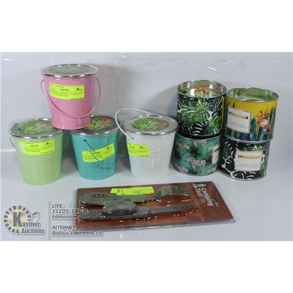 LARGE LOT OF CITRONELLA CANDLES AND MORE.