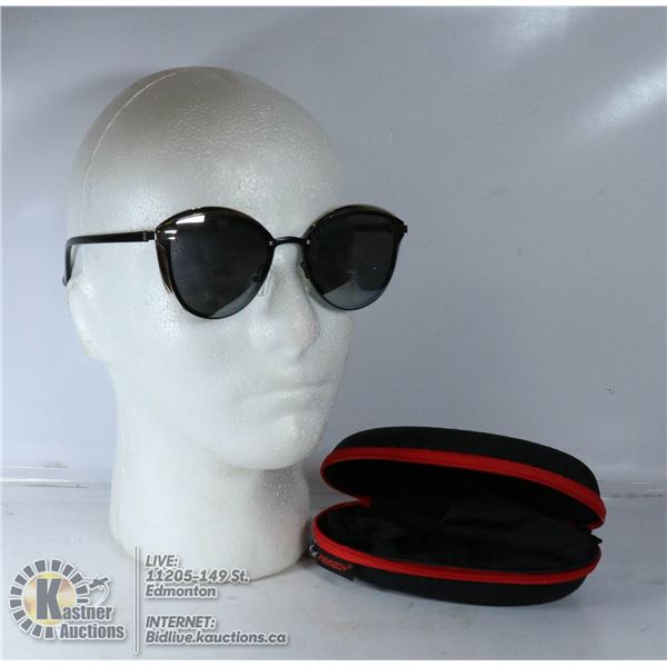 SUNGLASSES WITH HARD AND SOFT CASES.