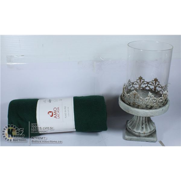 LOT OF NEW BLANKET & GLASS PILLAR CANDLE HOLDER