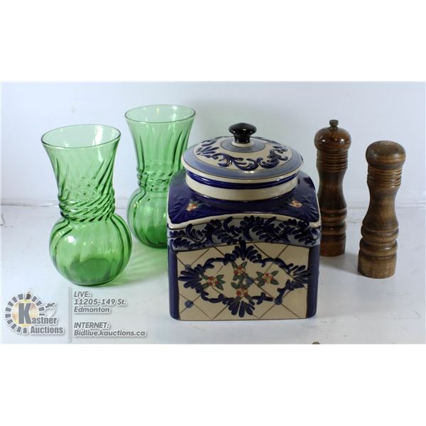 2 GREEN VASES, MCM WOOD SALT & PEPPER & CONTAINER