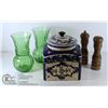 Image 1 : 2 GREEN VASES, MCM WOOD SALT & PEPPER & CONTAINER