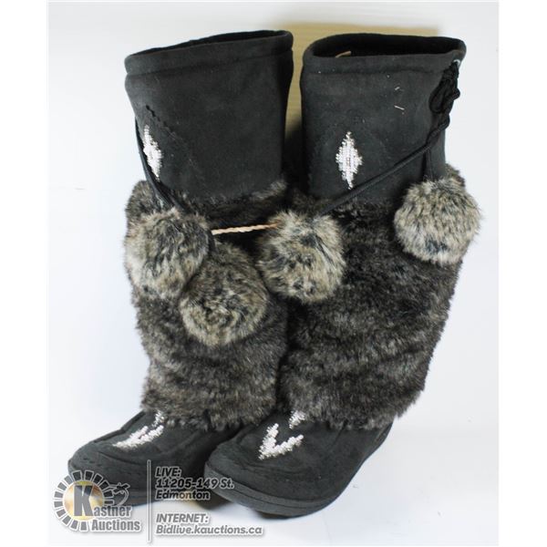 LADIES SIZE 8 BLACK MUKLUKS  FUR AND BEADED