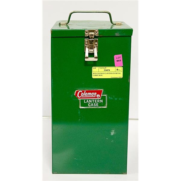 RED COLEMAN LANTERN IN METAL CARRY BOX