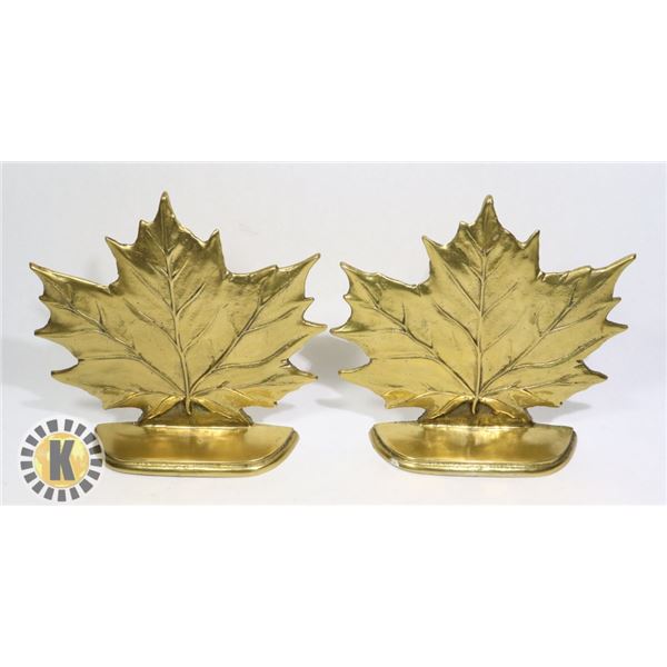 2 BRASS MAPLE LEAF SHAPED BOOK ENDS