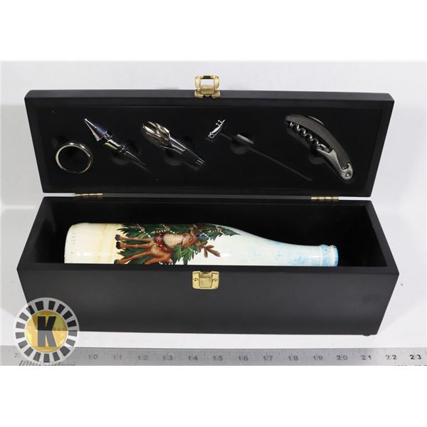 WINE OPENING SET AND DECORATIVE WINE BOTTLE + CASE