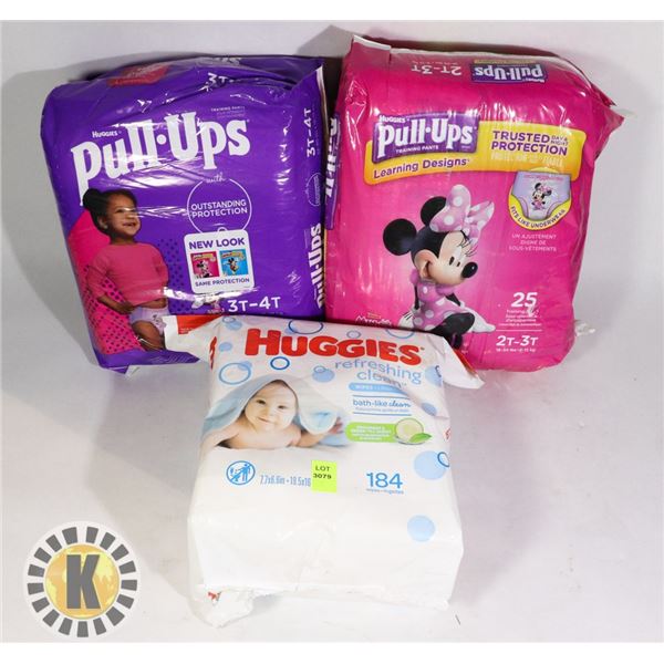 2 BAGS OF DIAPERS SOLD WITH BAG OF 184 HUGGIES