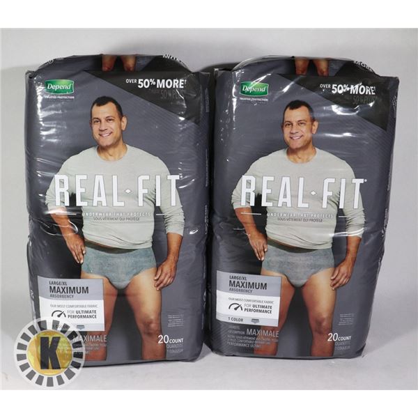TWO BAGS OF MENS DEPENDS SIZE LARGE/ X-LARGE