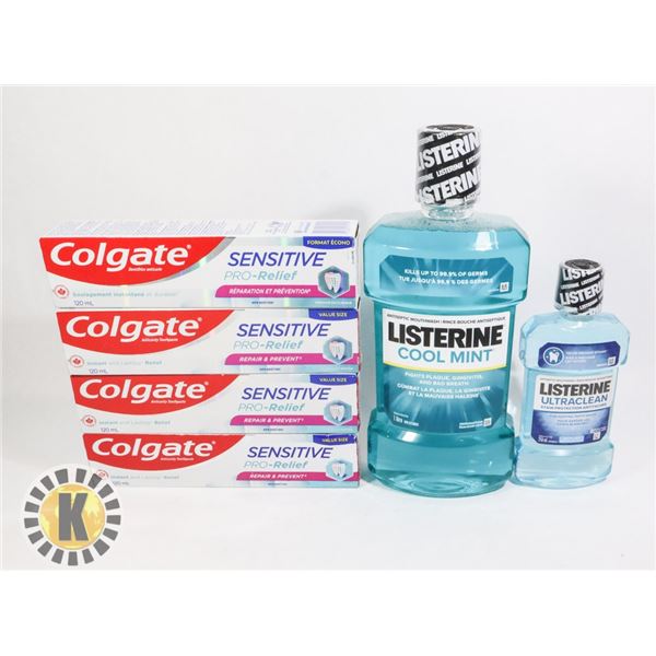 BAG OF MOUTH WASH AND ASSORTED TOOTHPASTE