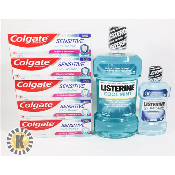 BAG OF MOUTH WASH AND ASSORTED TOOTHPASTE