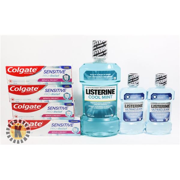 BAG OF MOUTH WASH AND ASSORTED TOOTHPASTE