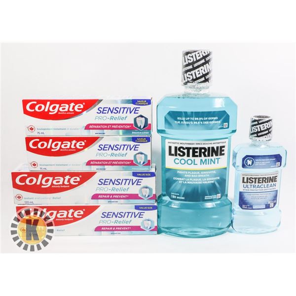 BAG OF MOUTH WASH AND ASSORTED TOOTHPASTE