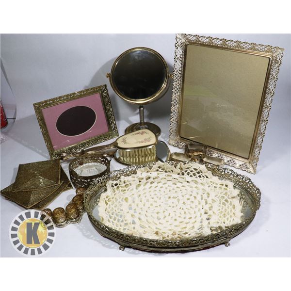 GOLD COLORED VANITY SET- MIRRORS, BRUSH, FRAMES