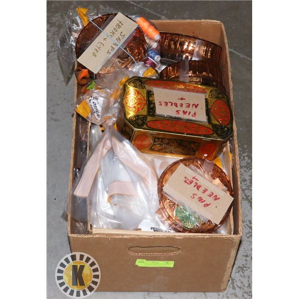 BOX OF CRAFT SUPPLIES- THREAD, NEEDLES, BAGS, ETC