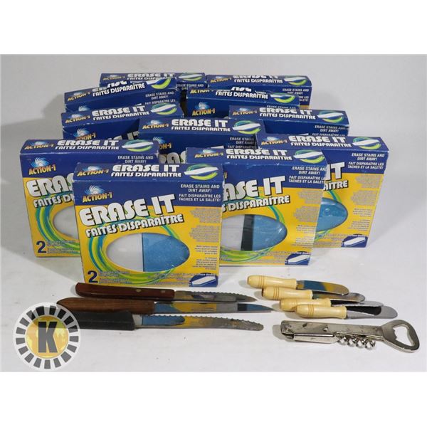 11 PACKS OF ERASE-IT, WINE OPENER, SPREADER& KNIFE