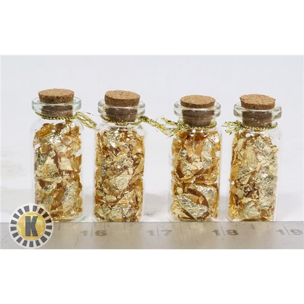 4 GLASS BOTTLES FILLED WITH GOLD FOIL
