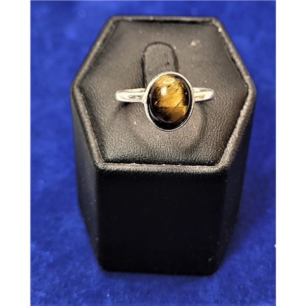 9)  OVAL NATURAL TIGER'S EYE RING SET IN 925 STAMP