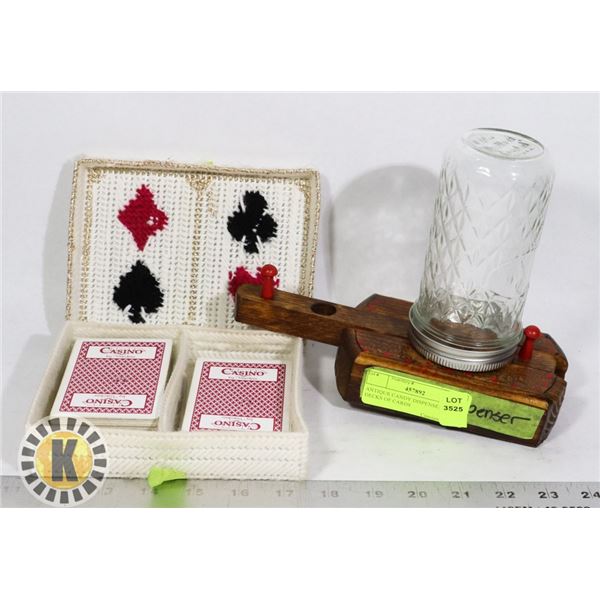 ANTIQUE CANDY DISPENSER AND 2 DECKS OF CARDS