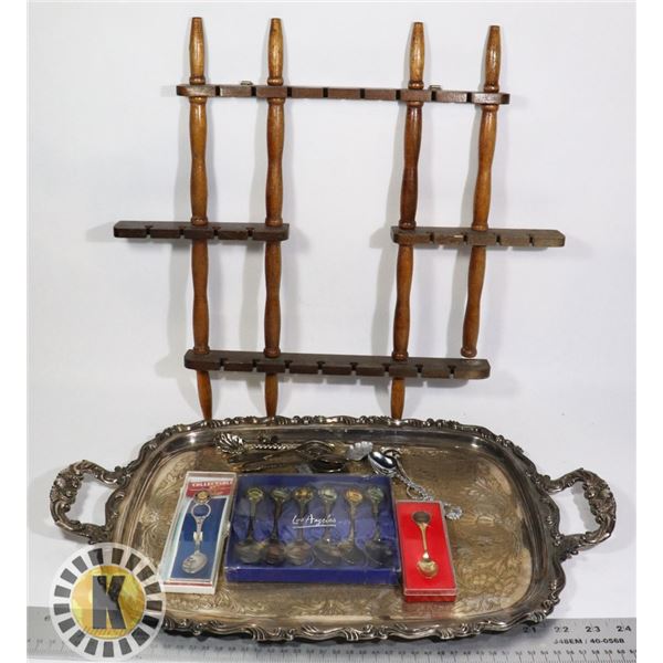 ANTIQUE SPOON DISPLAY WITH SPOONS AND SERVING TRAY