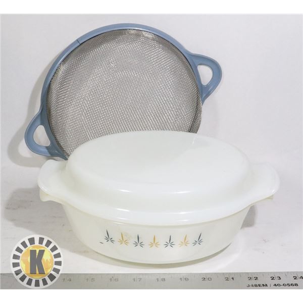 MESH/SIEVE AND VINTAGE GLASS BOWL WITH LID