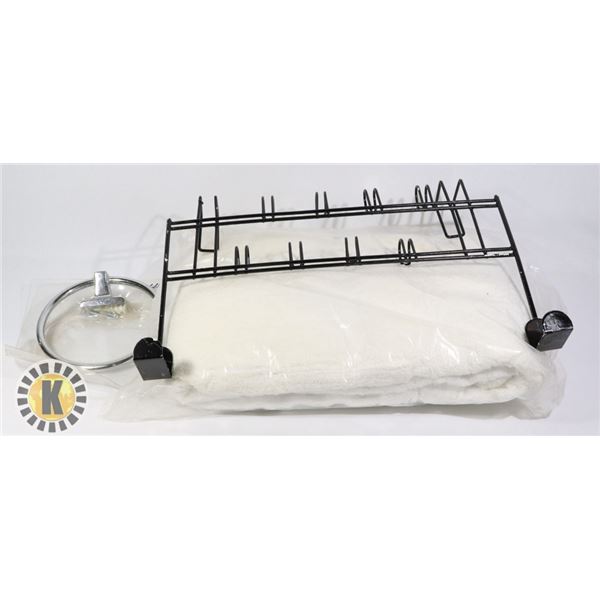 WHITE ROBE, TOWEL RING AND DOOR HANGER