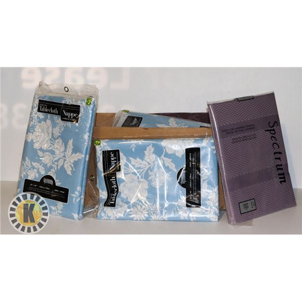 BOX OF DECORATIVE FABRICS INCLUDING TABLE CLOTHES