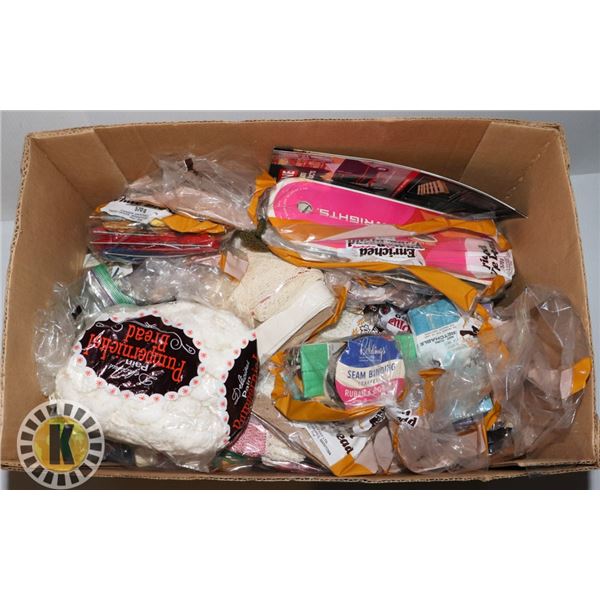 BOX OF CRAFT AND SEWING SUPPLIES