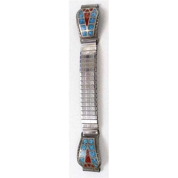 Navajo Chip Inlay Turquoise & Coral Watch Band