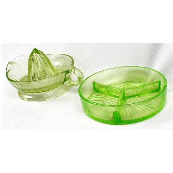 Vaseline Glass Juicer and Divided Dish