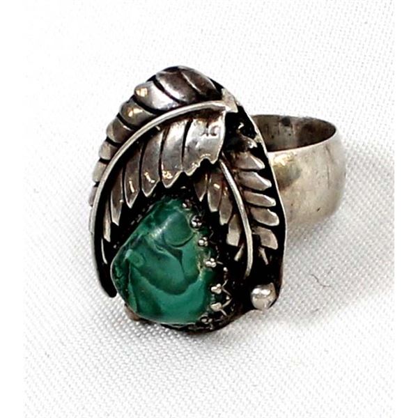 Vintage Navajo Sterling Malachite Ring, Size 13.5