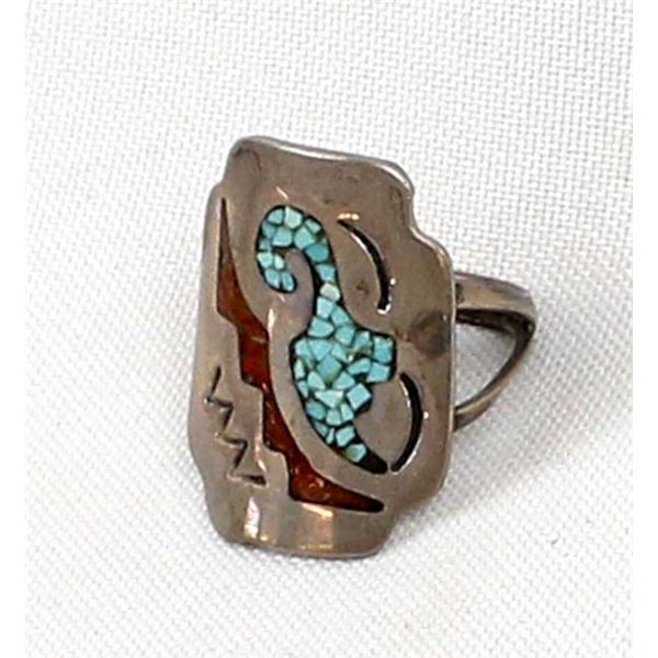 Navajo Old Pawn Sterling Inlay Ring, Size 9.75