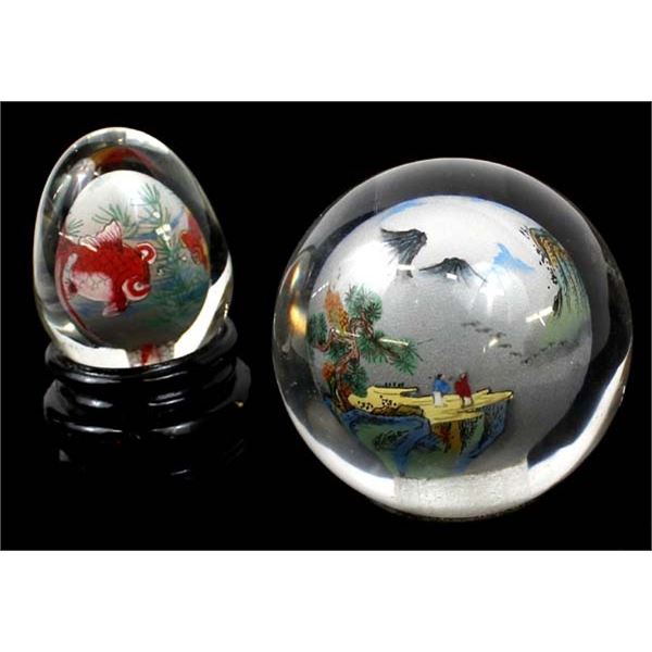 2 Oriental Reverse Painted Glass Orbs