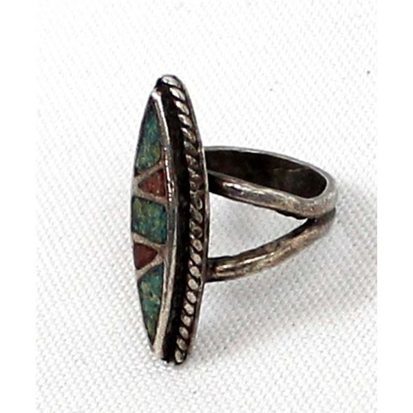 Navajo Old Pawn Sterling Chip Inlay Ring, Sz 4.5