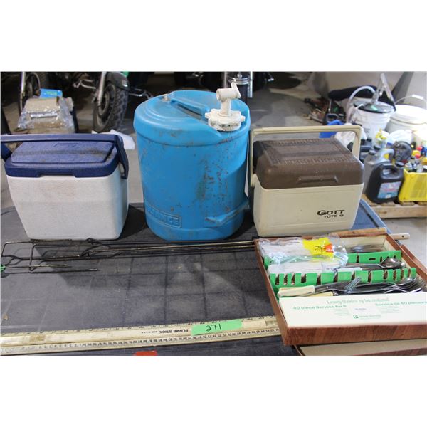 Two Small Coolers, Water Jug, Cutlery and Misc