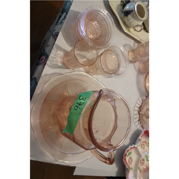 Vintage Depression Pink Glass Pitcher Bowl, Cups and Bowls 10 Piece