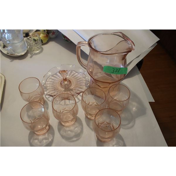 Vintage Depression Pink Glass Pitcher, Tray and Cups