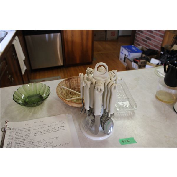 Hanging Cutlery Set 2 Glass Dishes and Misc Items