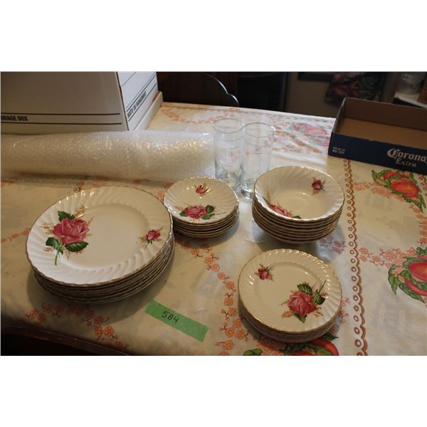 Set of Flowered Dishes with 2 Clear Glass Cups