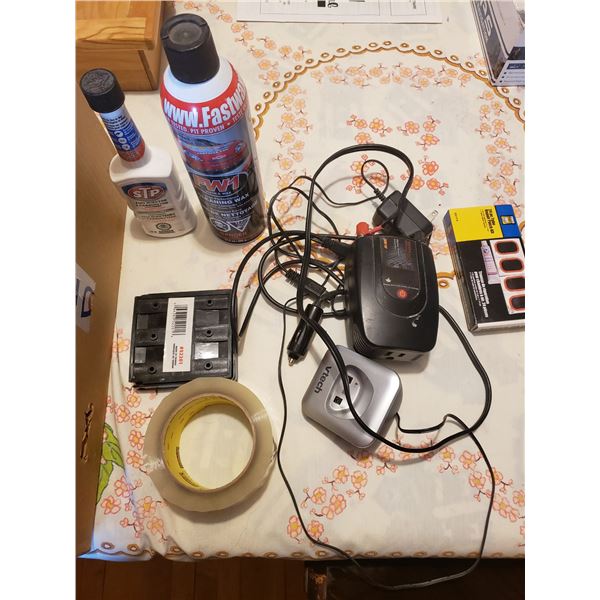12v AC to DC converter for car, mastercraft combination wrench set, rubber patch kit, box of misc