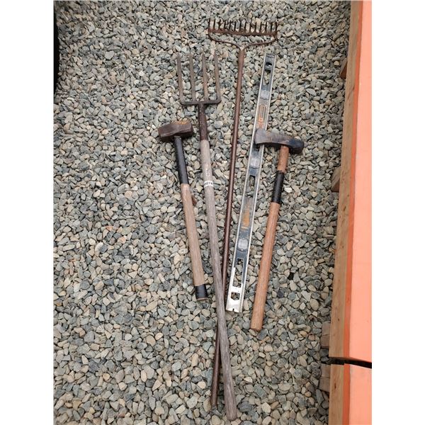858 --  Lot of Garden tools, Sledge Hammer, Pick, Rake & More
