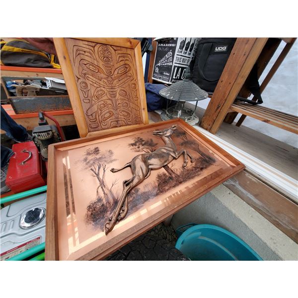 884 --  Large metal picture & native Carving