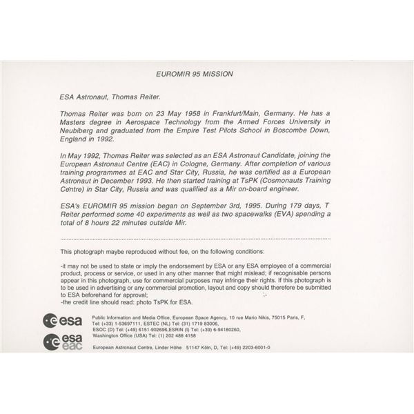 NASA Thomas Reiter signed photo