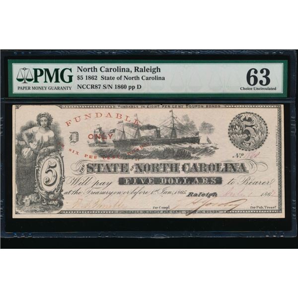 1862 $5 Raleigh NC Obsolete Note PMG 63