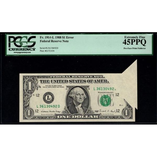 1988 $1 ERROR Foldover Butterfly FRN PCGS 45PPQ