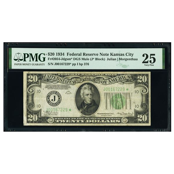 1934 $20 STAR Mule Kansas City FRN PMG 25