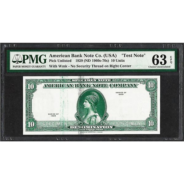 1929 10 Unit American Bank Note Co. "Test Note" PMG Choice Uncirculated 63EPQ