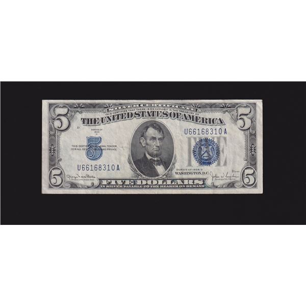 1934D $5 Wide I Silver Certificate
